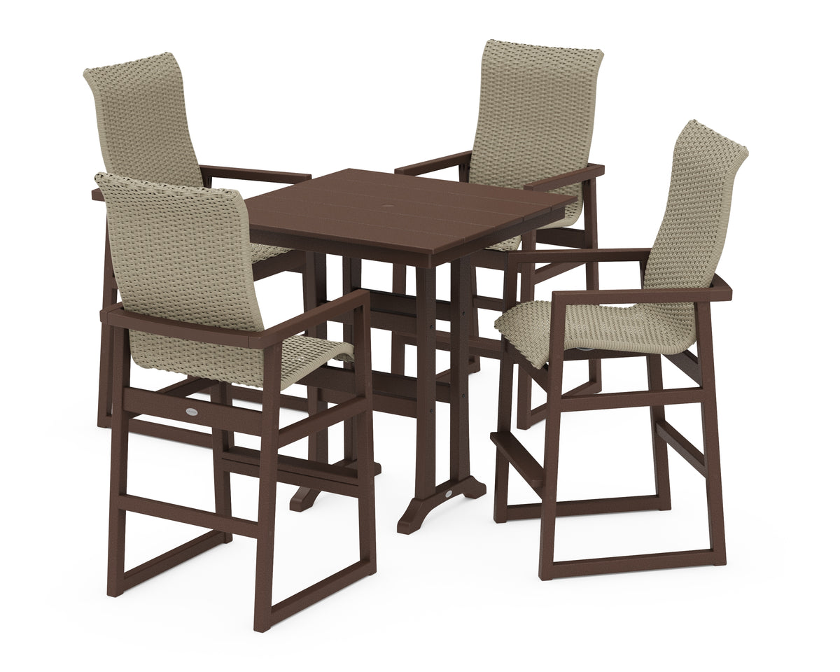 POLYWOOD EDGE Woven Highback 5-Piece Farmhouse Bar Set with Trestle Legs in Mahogany / Dune Grass
