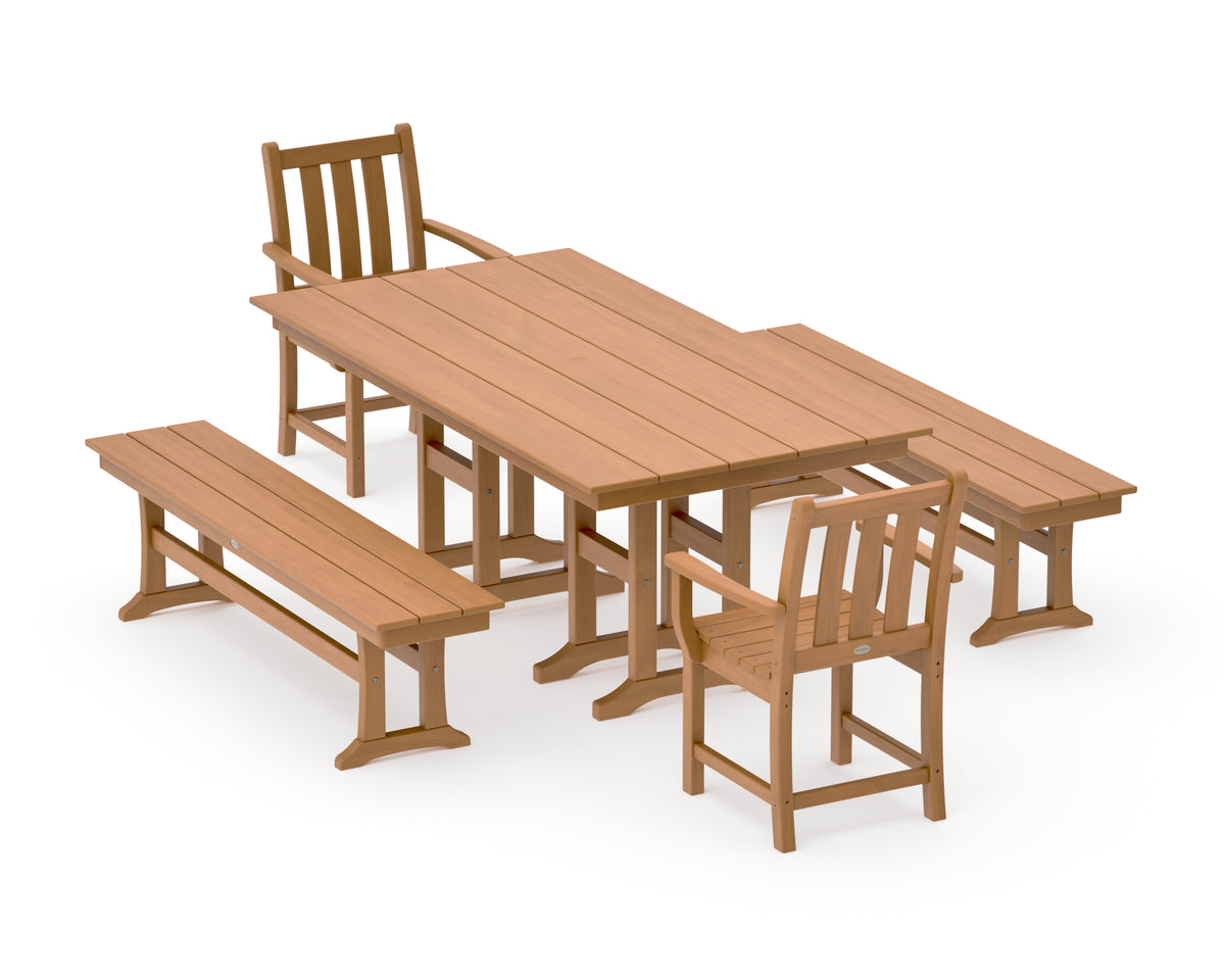 POLYWOOD Traditional Garden 5-Piece Farmhouse Dining Set with Benches in Natural