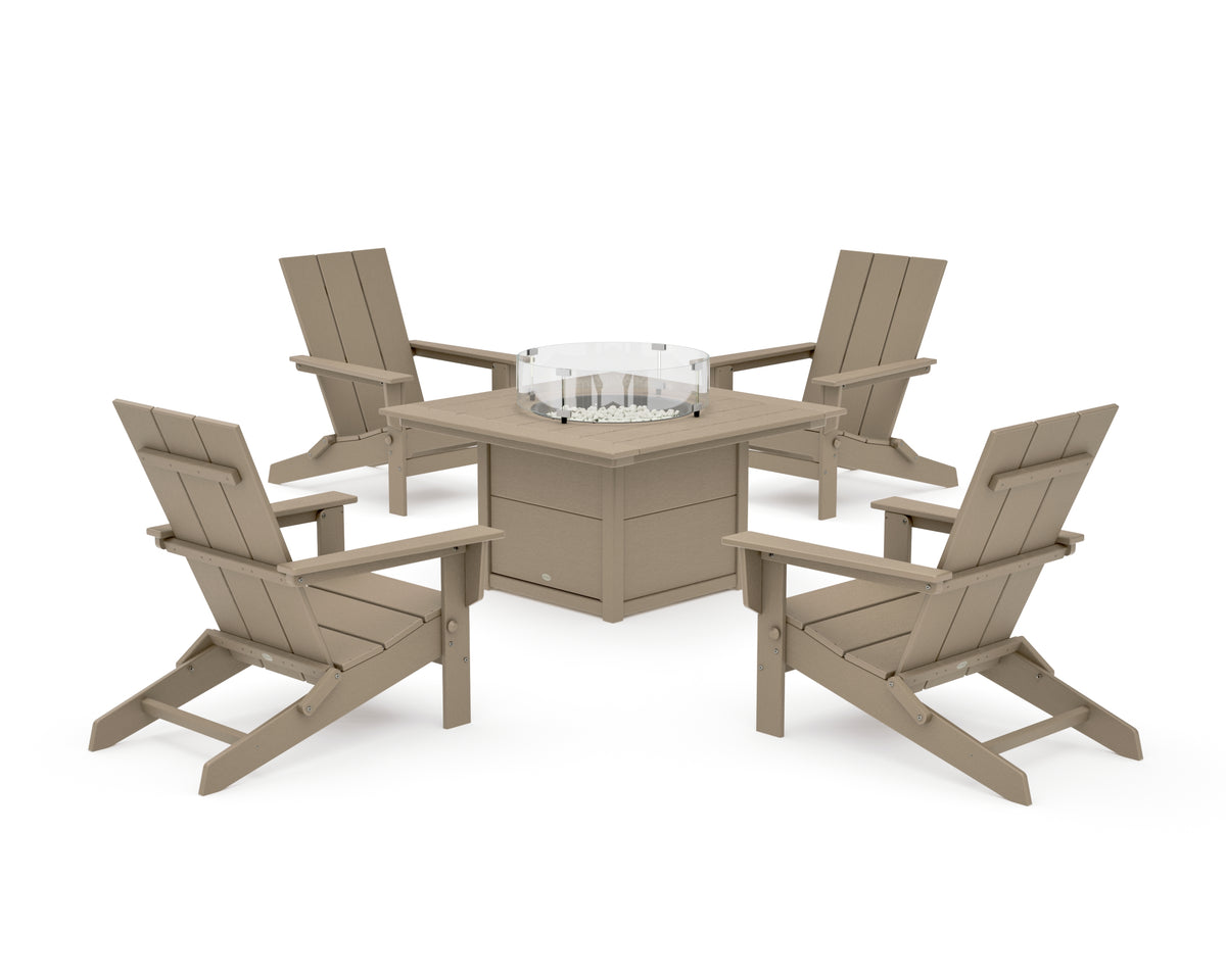 POLYWOOD 5-Piece Modern Studio Folding Adirondack Conversation Set with Fire Pit Table in Vintage Sahara