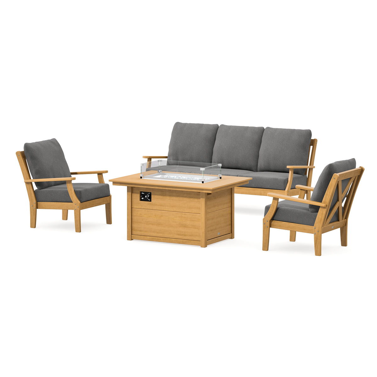 POLYWOOD Braxton Deep Seating Fire Pit Table Set in Natural