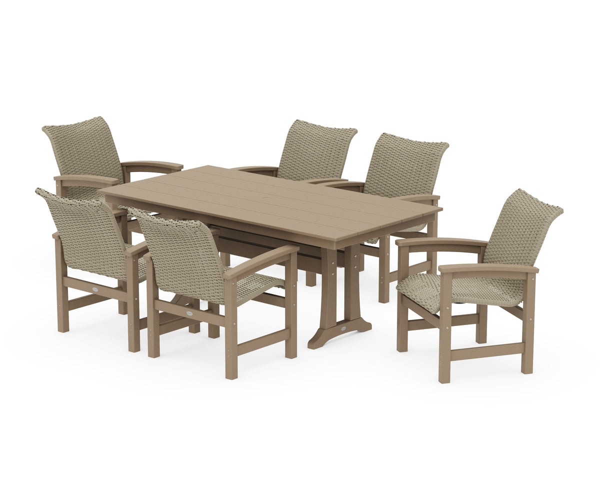 POLYWOOD Coastal Woven Arm Chair 7-Piece Farmhouse Dining Set with Trestle Legs in Vintage Sahara / Dune Grass