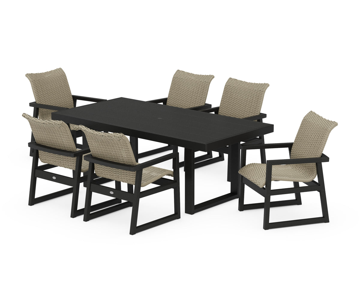POLYWOOD EDGE Woven Arm Chair 7-Piece Dining Set in Black / Dune Grass