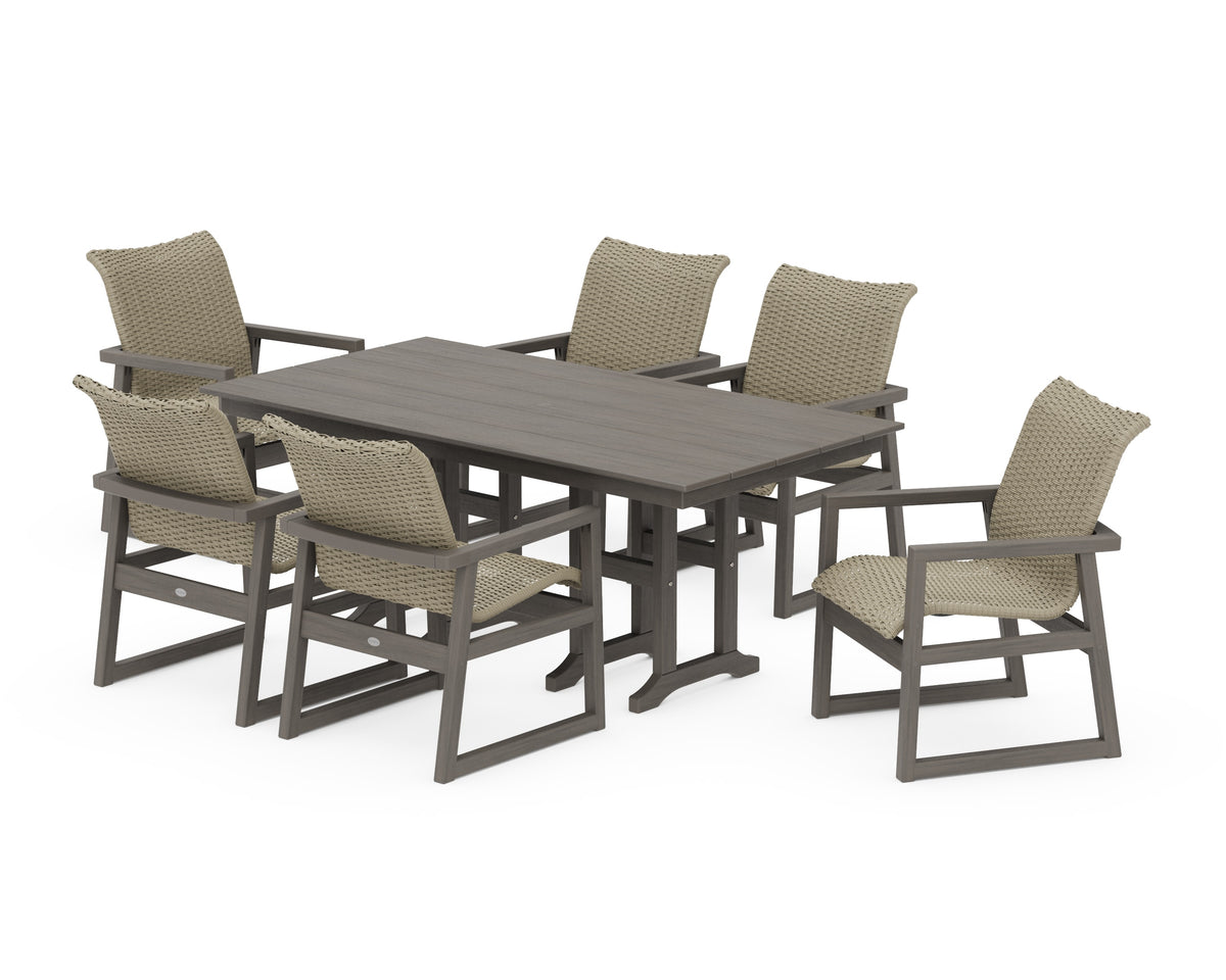 POLYWOOD EDGE Woven Arm Chair 7-Piece Farmhouse Dining Set in Driftwood / Dune Grass
