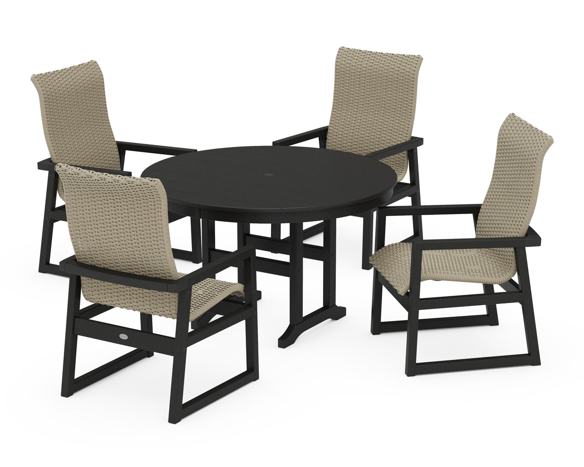 POLYWOOD EDGE Woven High-Back 5-Piece Round Farmhouse Dining Set in Black / Dune Grass