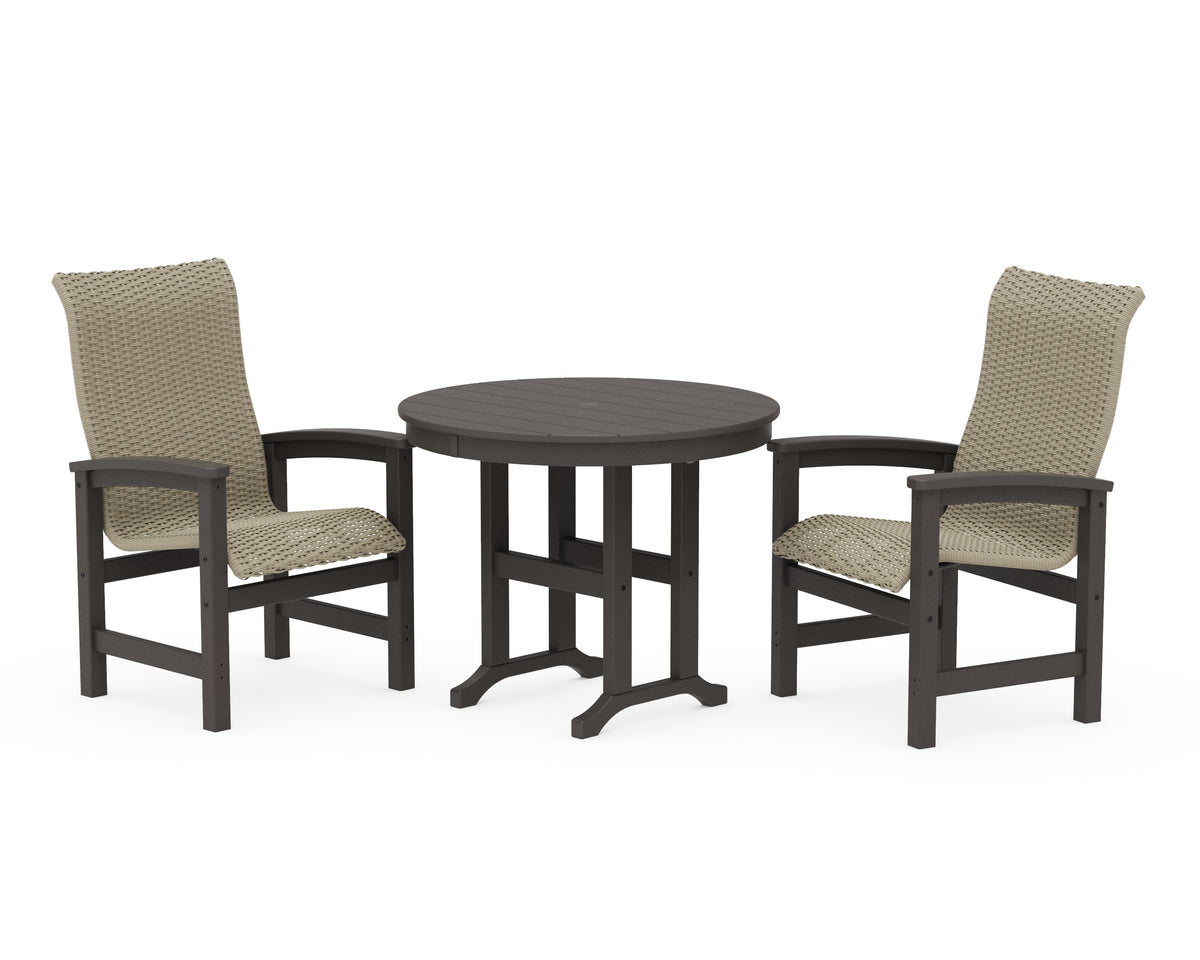 POLYWOOD Coastal Woven High-Back 3-Piece Farmhouse Dining Set in Vintage Coffee / Dune Grass