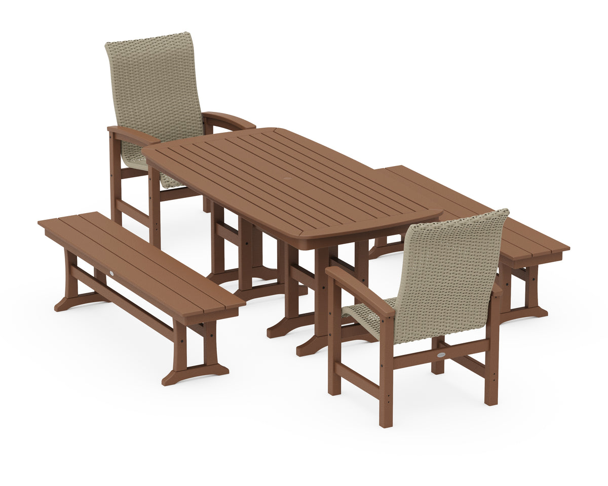 POLYWOOD Coastal Woven High-Back 5-Piece Dining Set with Benches in Teak / Dune Grass