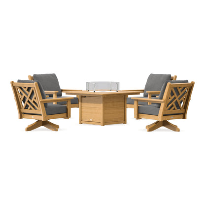 POLYWOOD Chippendale 5-Piece Deep Seating Swivel Conversation Set with Fire Pit Table in Natural
