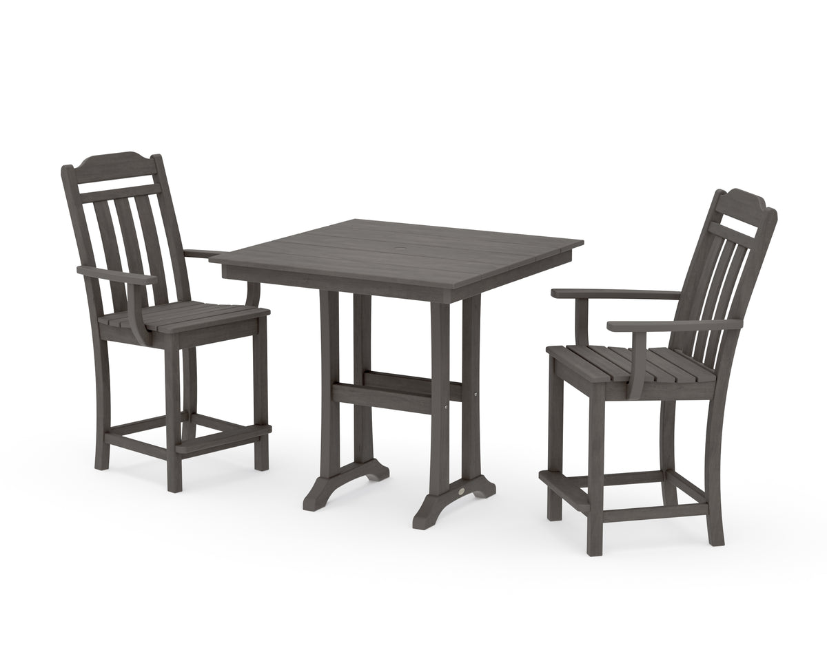 POLYWOOD Country Living Cottage 3-Piece Farmhouse Counter Set with Trestle Legs in Driftwood