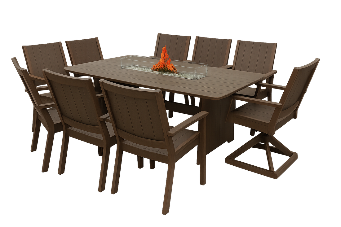 Berlin Gardens Garden Classic 96” Fire Dining Table Set – 6 Mayhew Dining Chairs + 2 Swivel Rockers