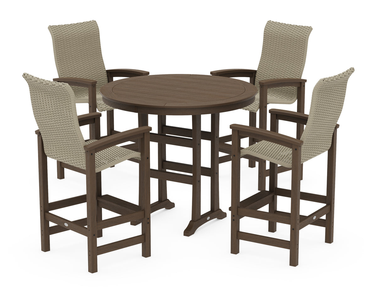 POLYWOOD Coastal Woven High-Back 5-Piece Round Bar Set in Kona / Dune Grass