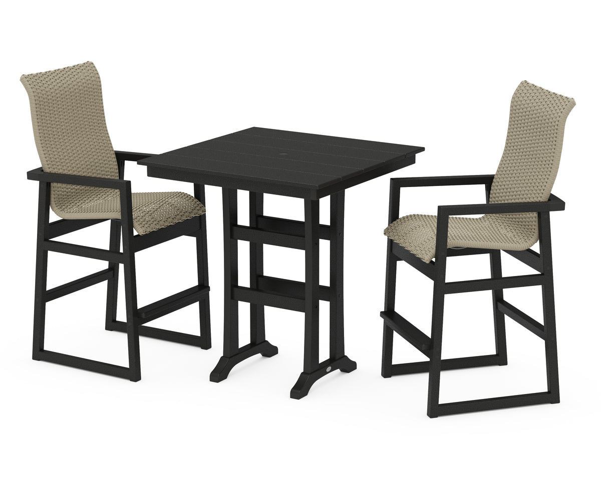 POLYWOOD EDGE Woven Highback 3-Piece Farmhouse Bar Set with Trestle Legs in Black / Dune Grass