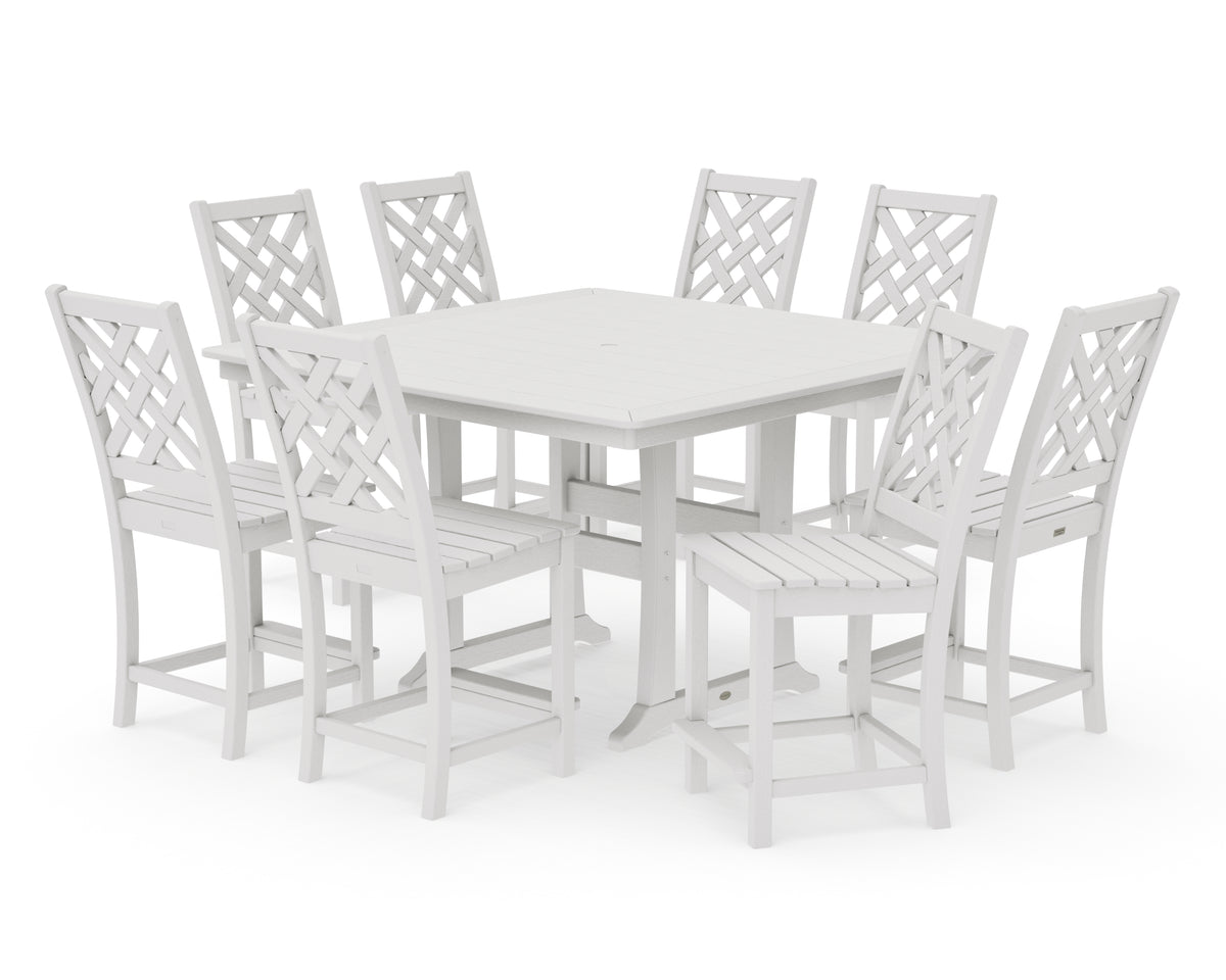 POLYWOOD Country Living Wovendale Side Chair 9-Piece Square Counter Set with Trestle Legs in Vintage White