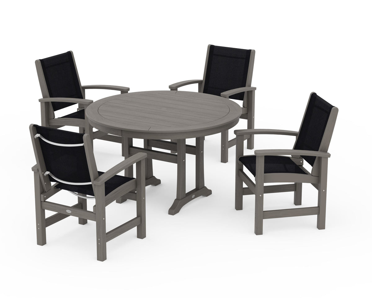 POLYWOOD Coastal 5-Piece Round Dining Set with Trestle Legs in Driftwood / Black