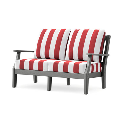 POLYWOOD Chinoiserie Deep Seating Loveseat in Slate Grey / Cabana Stripe Crimson