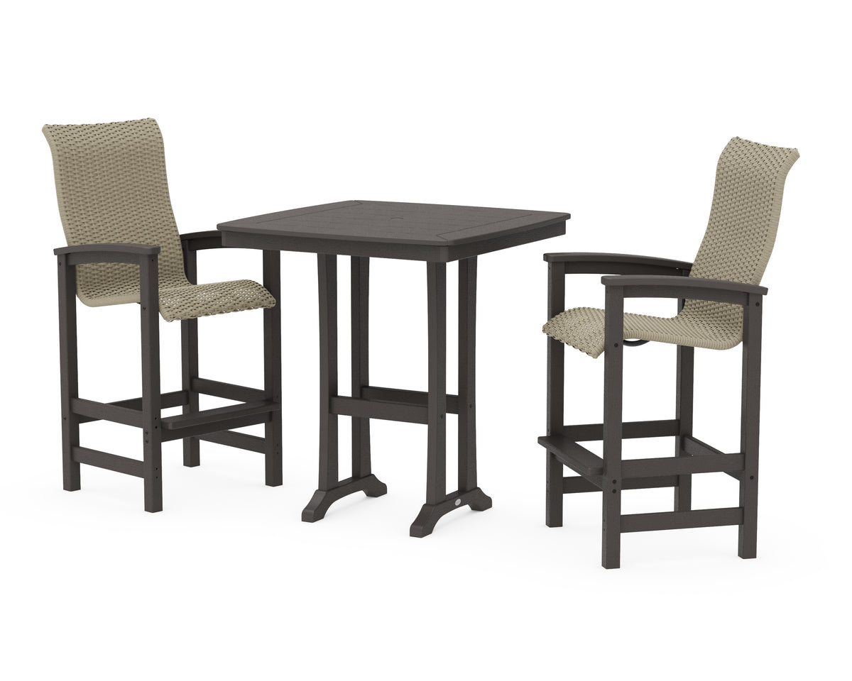 POLYWOOD Coastal Woven High-Back 3-Piece Bar Set in Vintage Coffee / Dune Grass
