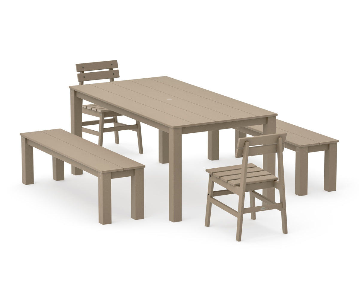 POLYWOOD Modern Studio Plaza Chair 5-Piece Parsons Dining Set with Benches - 38" x 72" Table in Vintage Sahara