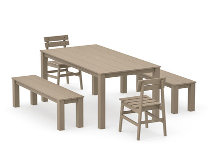 POLYWOOD Modern Studio Plaza Chair 5-Piece Parsons Dining Set with Benches - 38" x 72" Table in Vintage Sahara