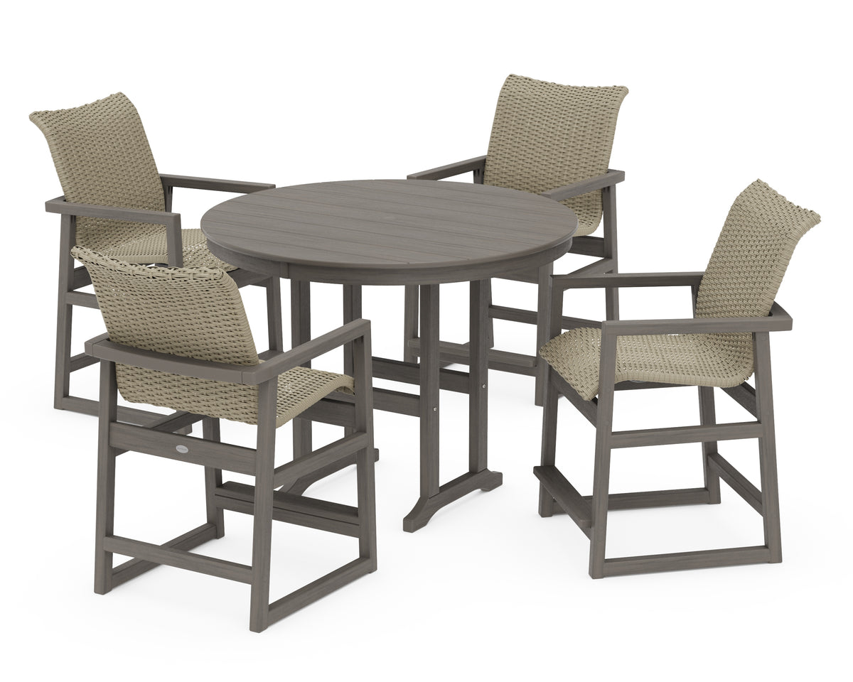 POLYWOOD EDGE Woven 5-Piece Round Farmhouse Counter Set in Driftwood / Dune Grass