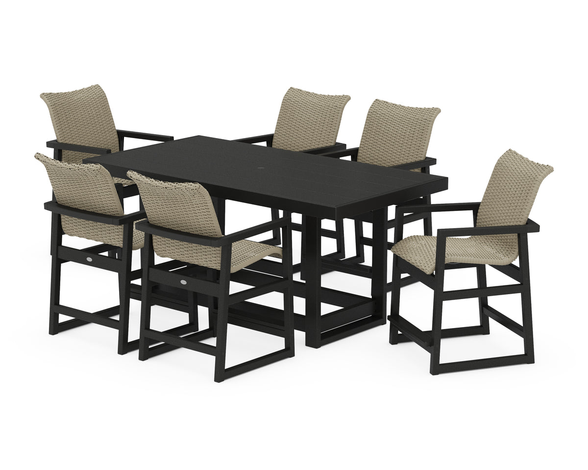 POLYWOOD EDGE Woven Arm Chair 7-Piece Counter Set in Black / Dune Grass
