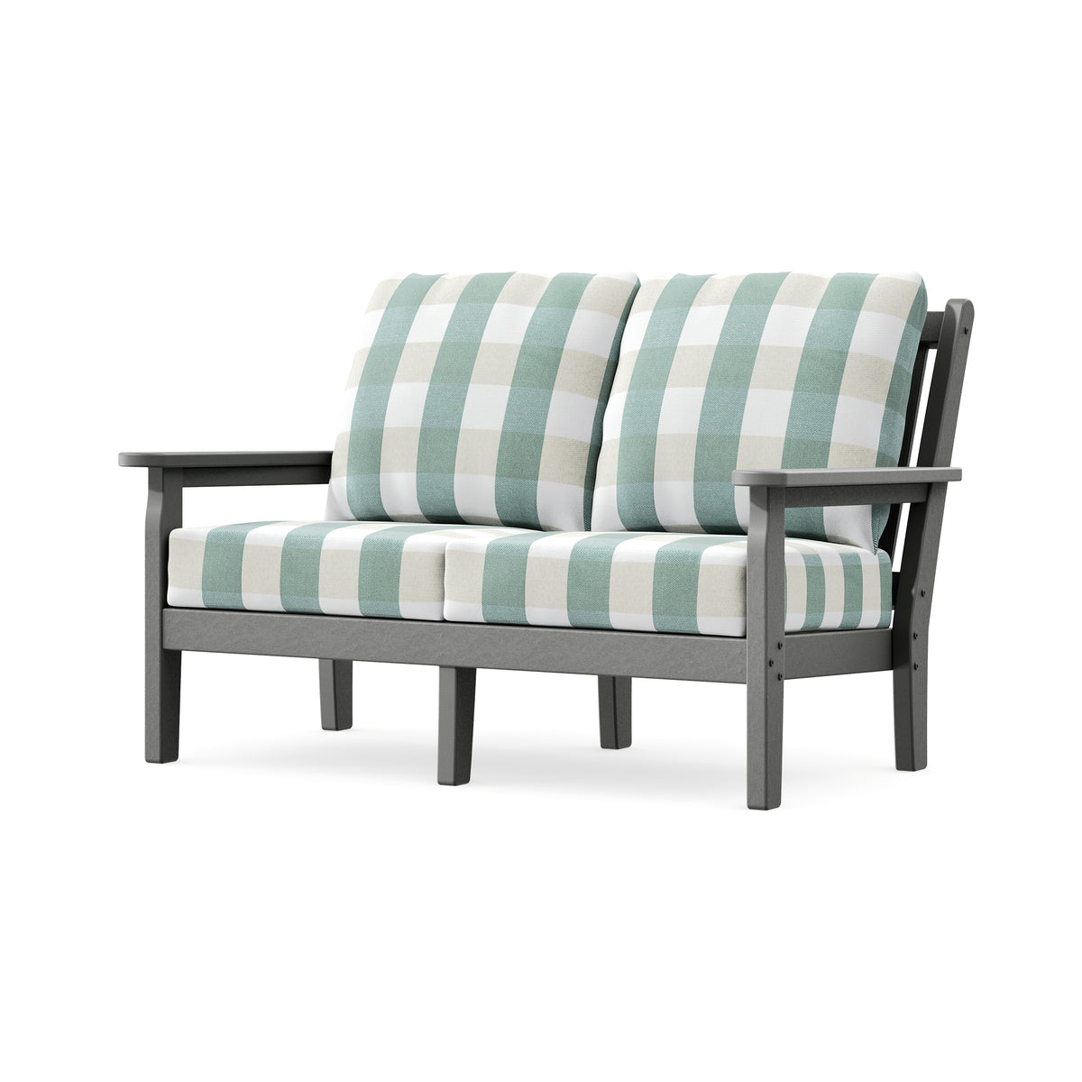 POLYWOOD Chippendale Deep Seating Loveseat in Slate Grey / Buffalo Plaid Glacier Spa