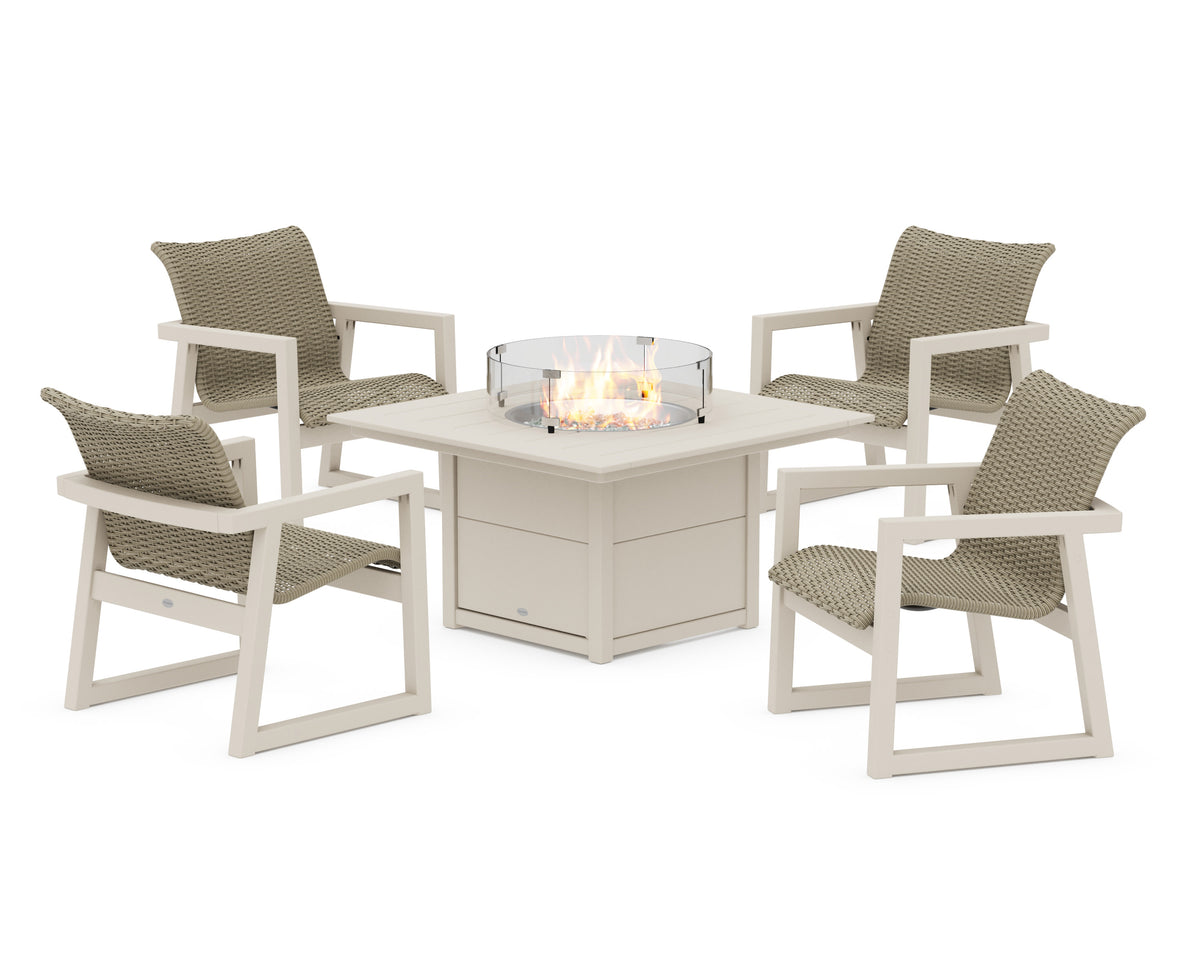 POLYWOOD EDGE Woven 5-Piece Lounge Chair Seating Set with Fire Pit Table in Sand / Dune Grass
