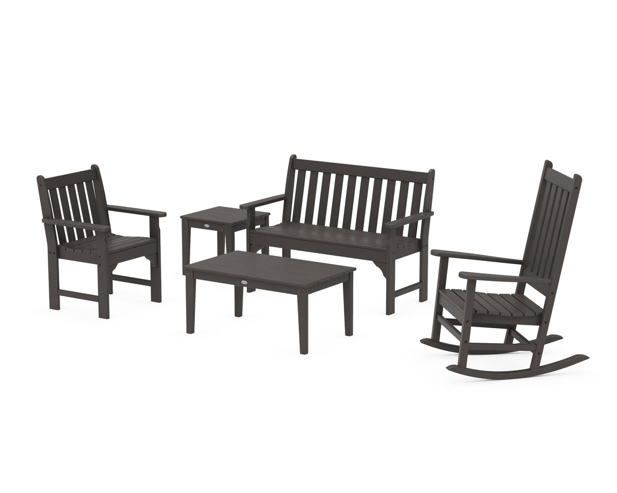 POLYWOOD Vineyard 5-Piece Bench &amp; Rocking Chair Set in Vintage Coffee