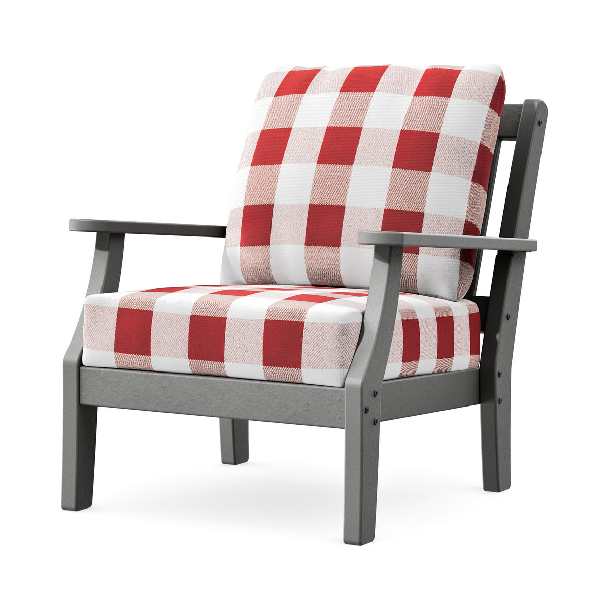 POLYWOOD Chinoiserie Deep Seating Chair in Slate Grey / Buffalo Plaid Crimson