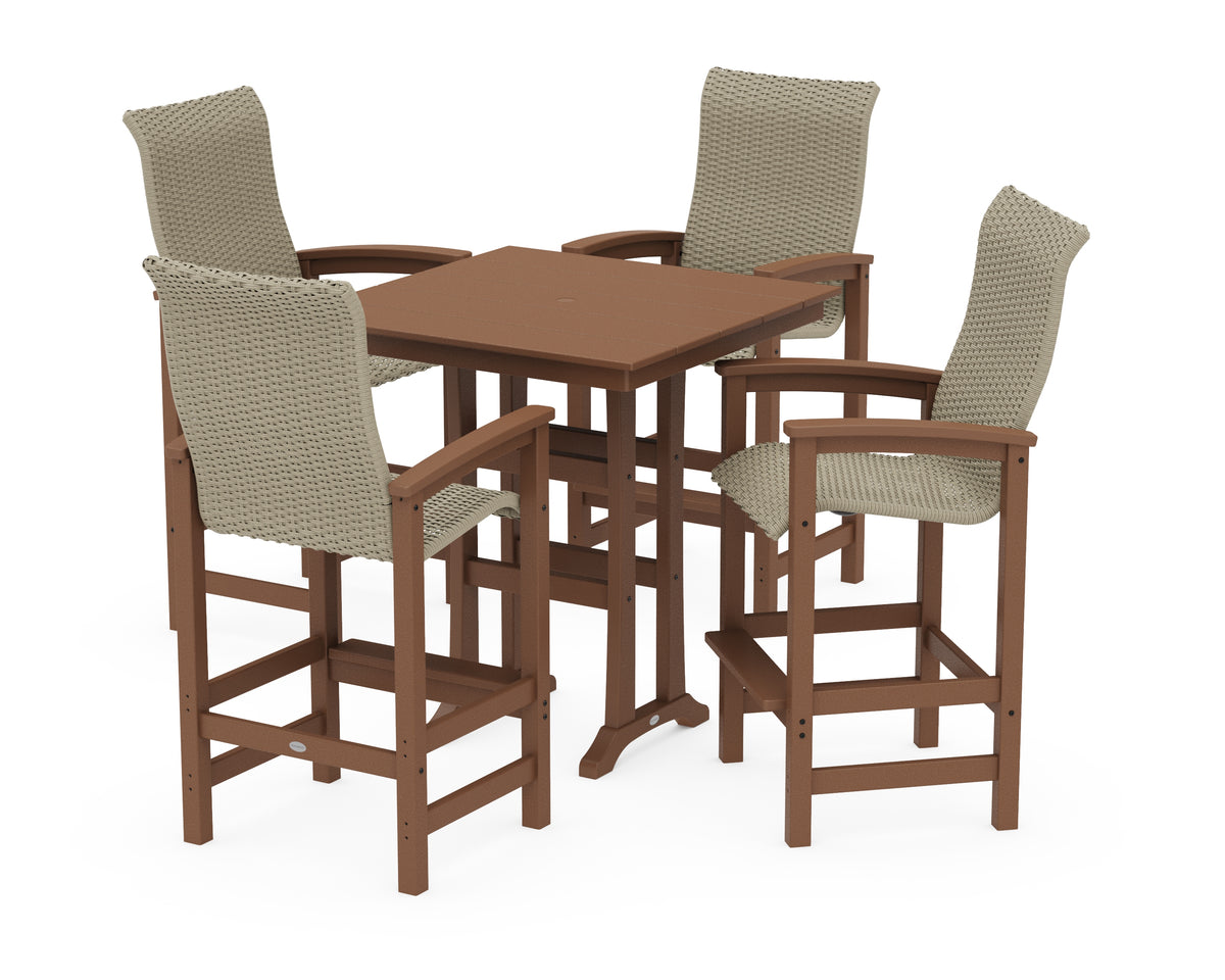 POLYWOOD Coastal Woven High-Back 5-Piece Farmhouse Bar Set with Trestle Legs in Teak / Dune Grass