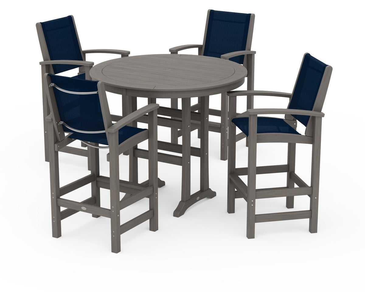 POLYWOOD Coastal 5-Piece Nautical Trestle Bar Set in Driftwood / Navy Blue