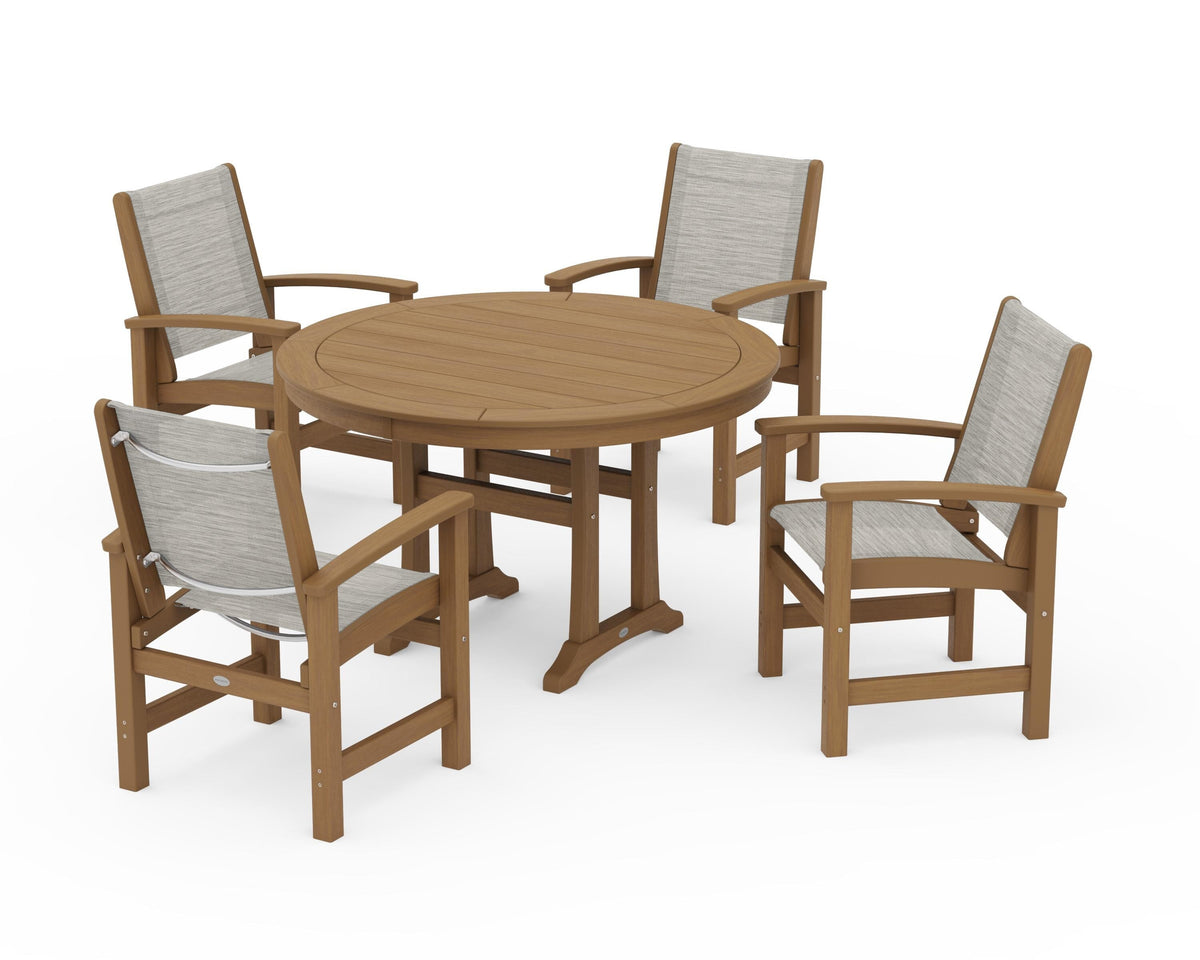 POLYWOOD Coastal 5-Piece Round Dining Set with Trestle Legs in Natural / Birch