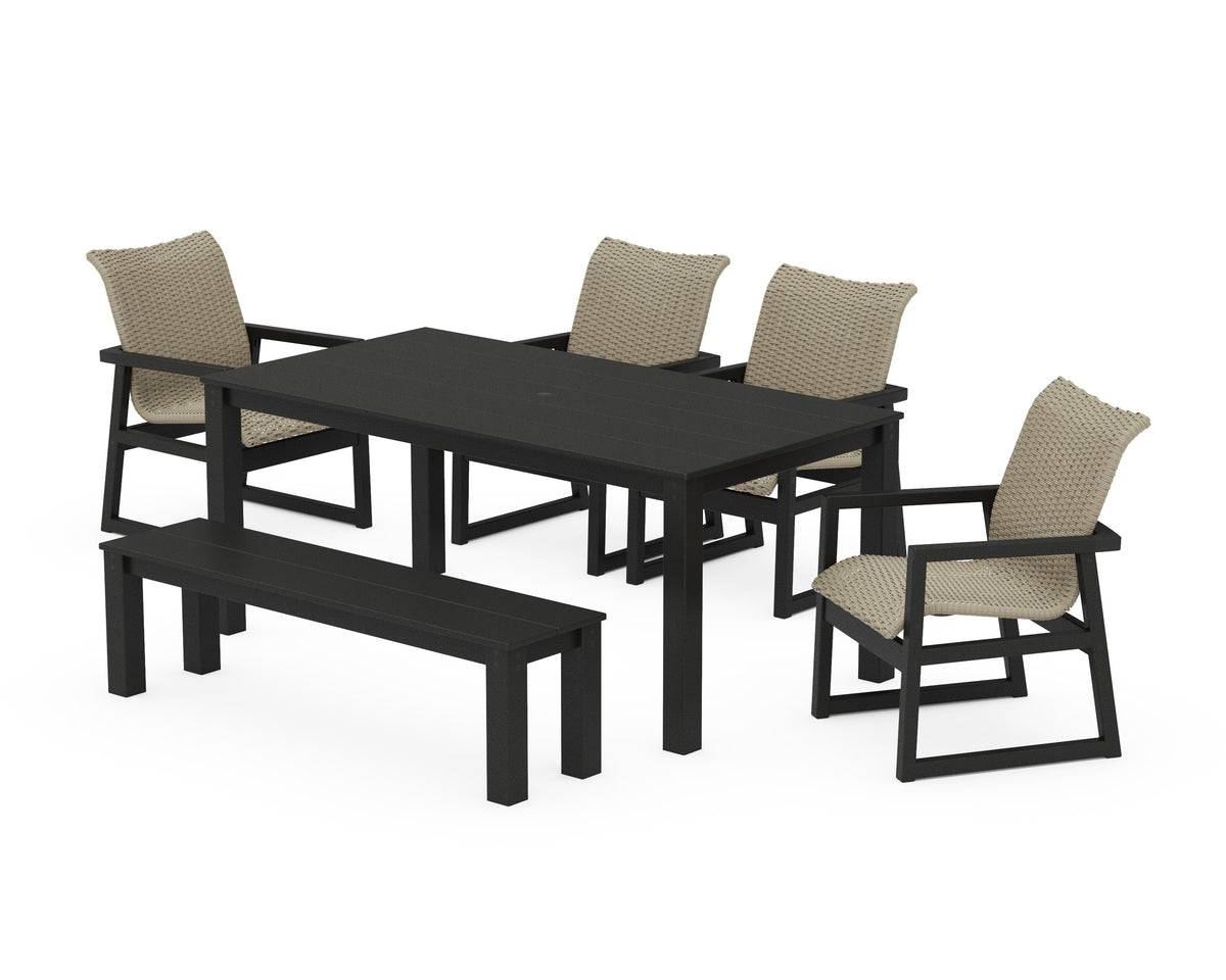 POLYWOOD EDGE Woven 6-Piece Parsons Dining Set with Bench in Black / Dune Grass