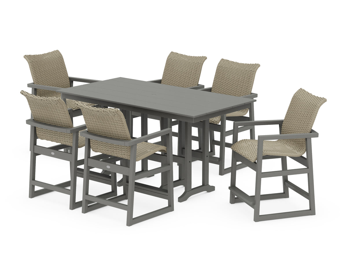 POLYWOOD EDGE Woven Arm Chair 7-Piece Farmhouse Counter Set in Slate Grey / Dune Grass