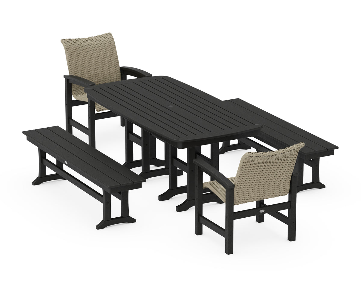 POLYWOOD Coastal Woven 5-Piece Dining Set with Benches in Black / Dune Grass