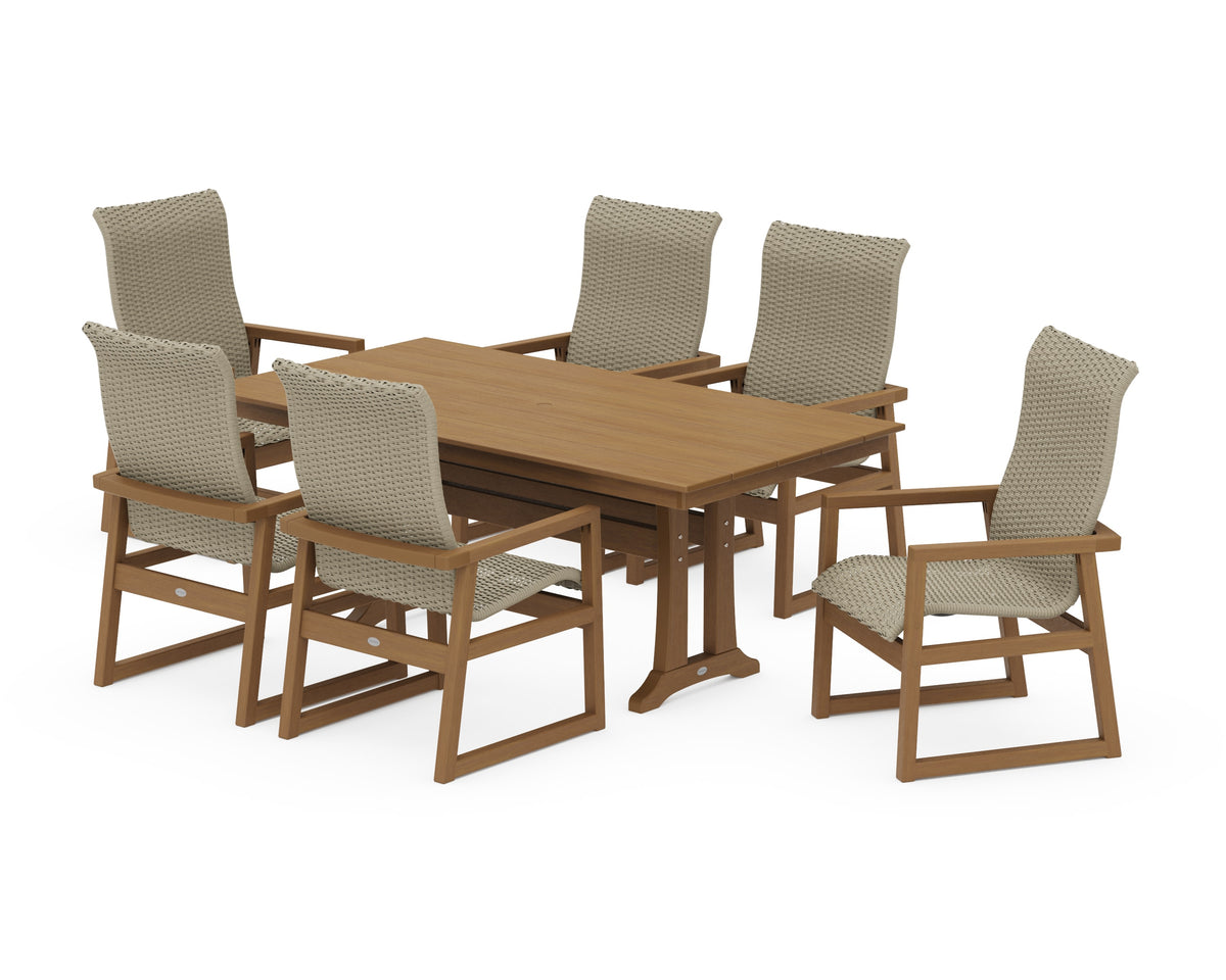 POLYWOOD EDGE Woven High-Back Arm Chair 7-Piece Farmhouse Dining Set with Trestle Legs in Natural / Dune Grass