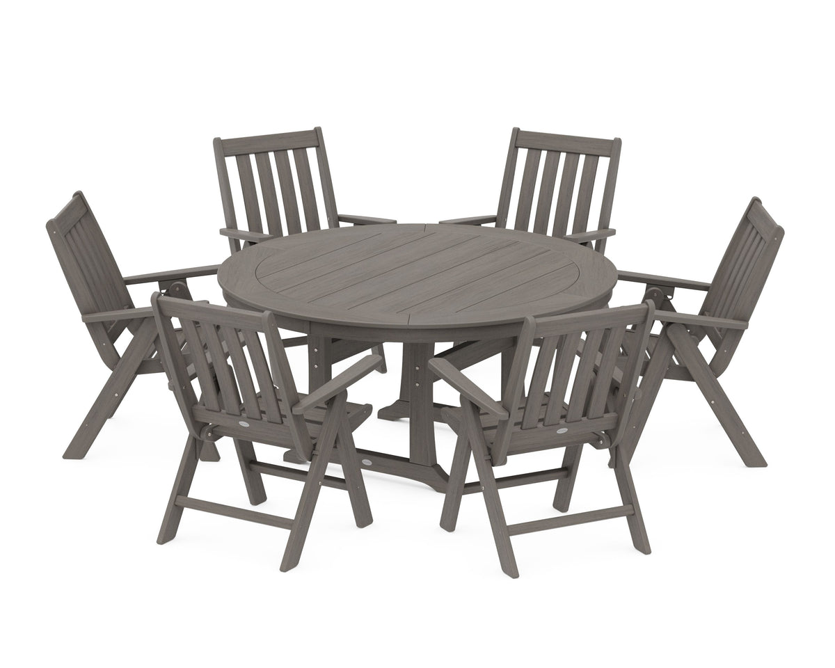 POLYWOOD Vineyard Folding 7-Piece Side Chair Round Dining Set in Driftwood