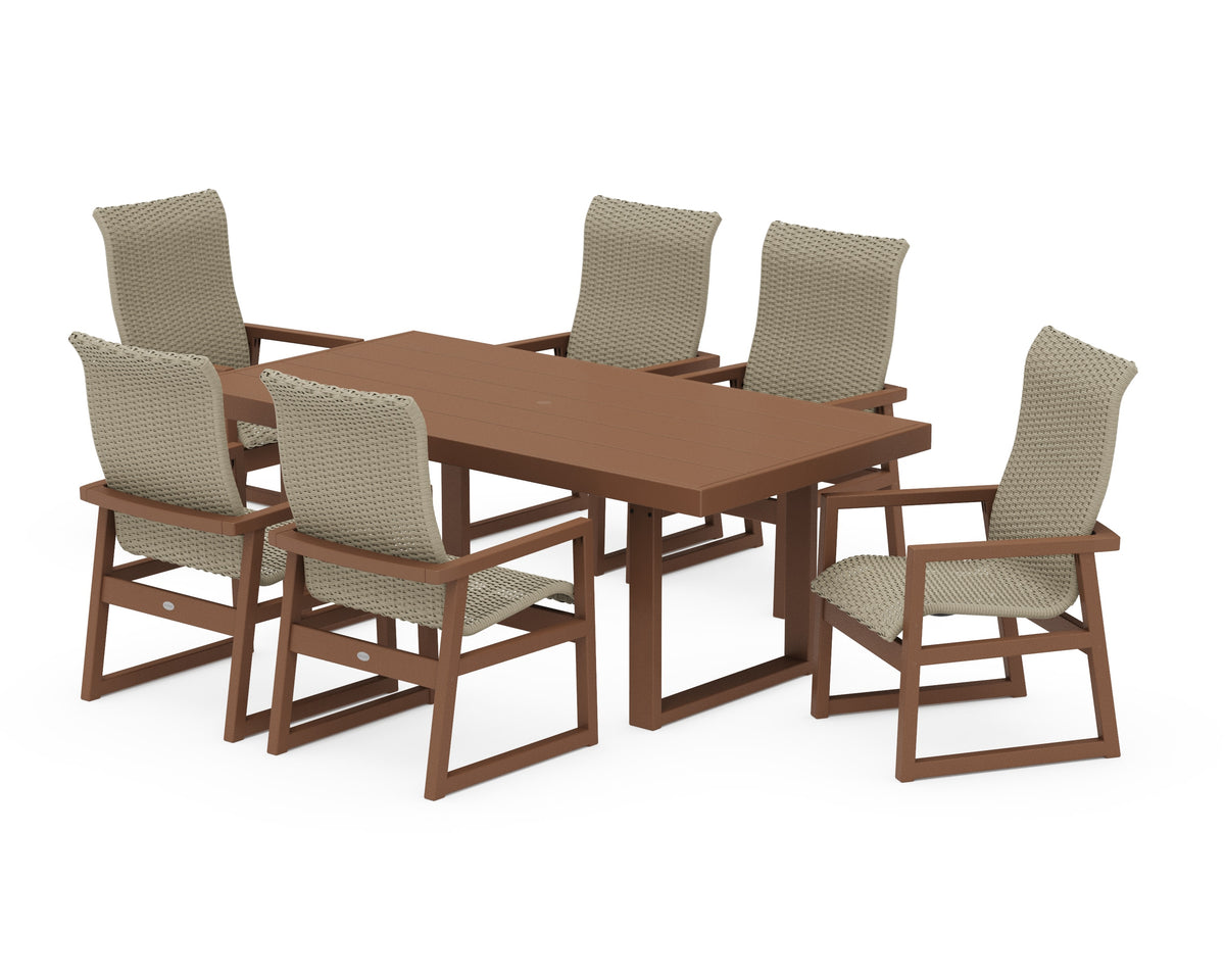 POLYWOOD EDGE Woven High-Back Arm Chair 7-Piece Dining Set in Teak / Dune Grass