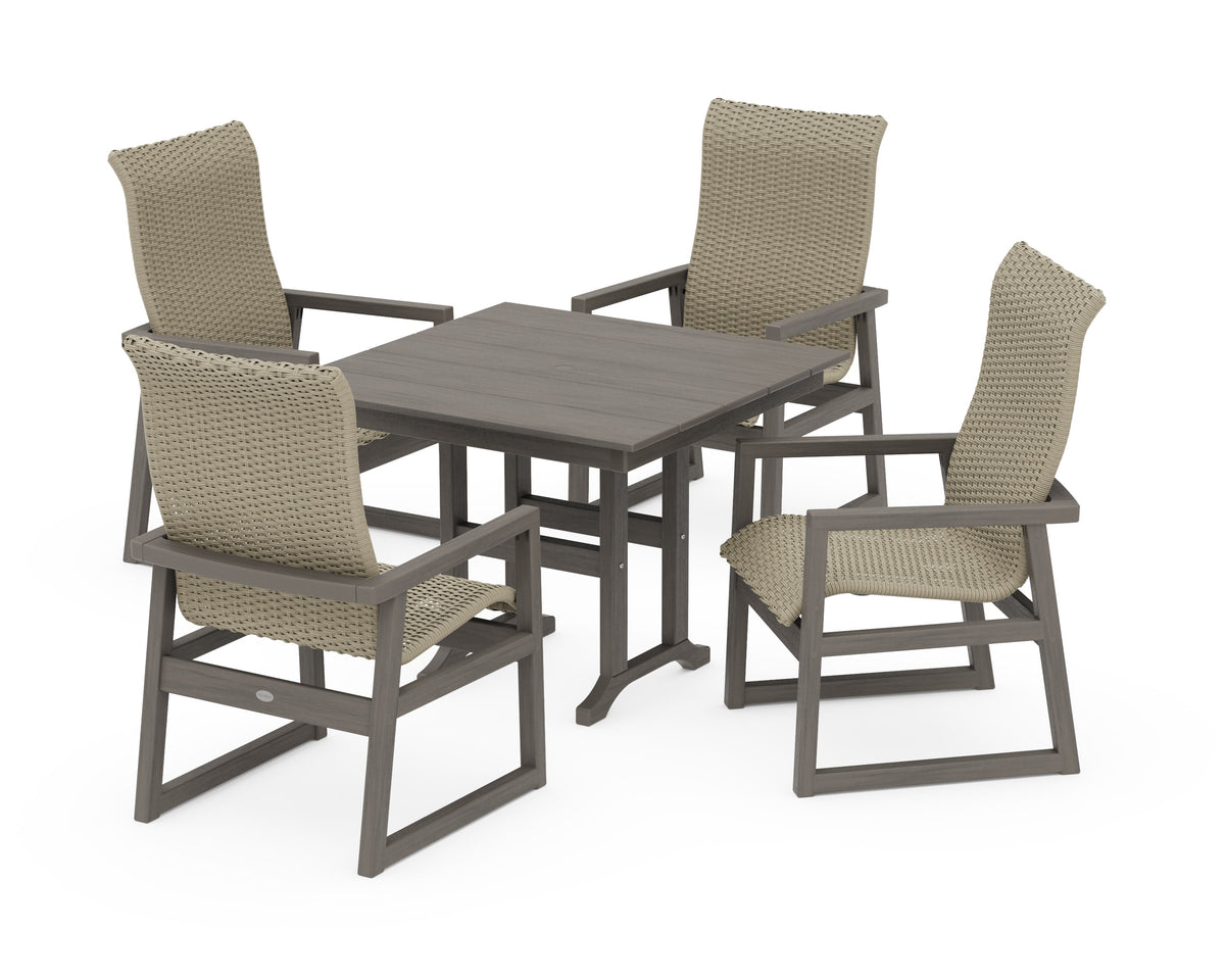 POLYWOOD EDGE Woven High-Back 5-Piece Farmhouse Dining Set in Driftwood / Dune Grass
