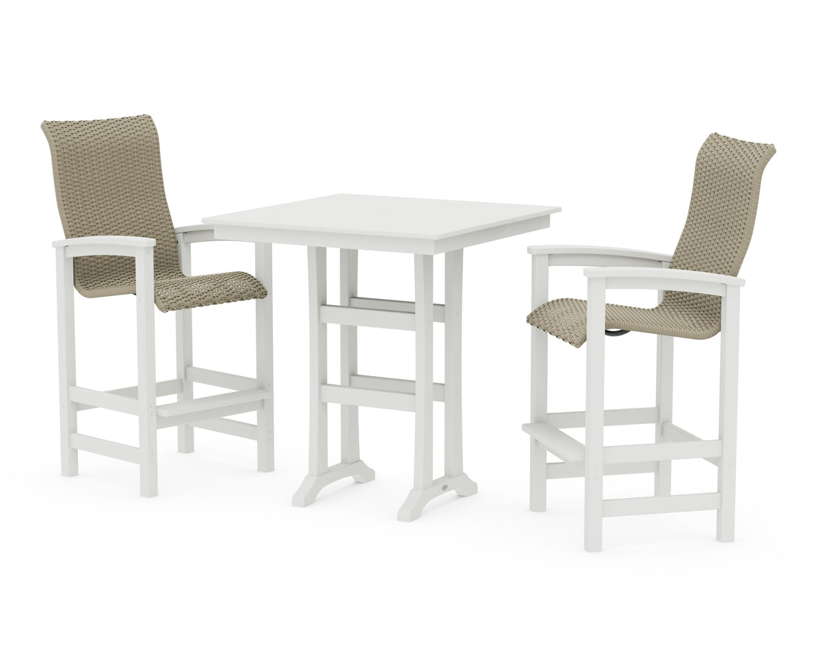 POLYWOOD Coastal Woven High-Back 3-Piece Farmhouse Bar Set with Trestle Legs in Vintage White / Dune Grass