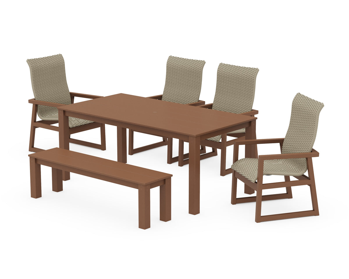 POLYWOOD EDGE Woven High-Back 6-Piece Parsons Dining Set with Bench in Teak / Dune Grass