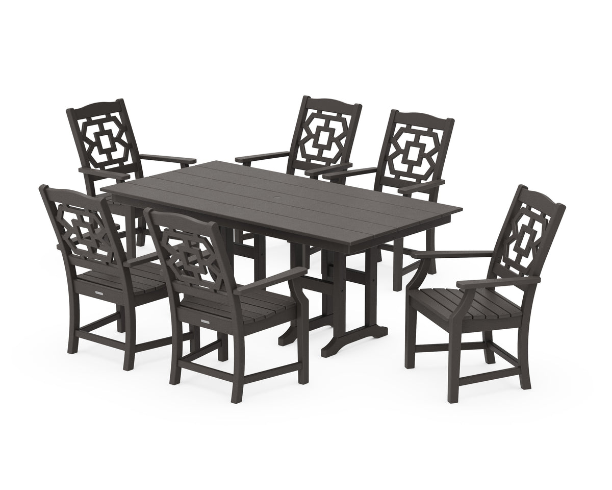 POLYWOOD Chinoiserie Arm Chair 7-Piece Farmhouse Dining Set in Vintage Coffee