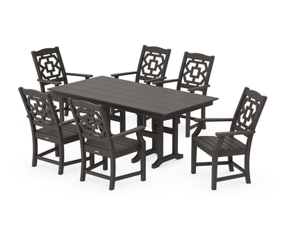 POLYWOOD Chinoiserie Arm Chair 7-Piece Farmhouse Dining Set in Vintage Coffee