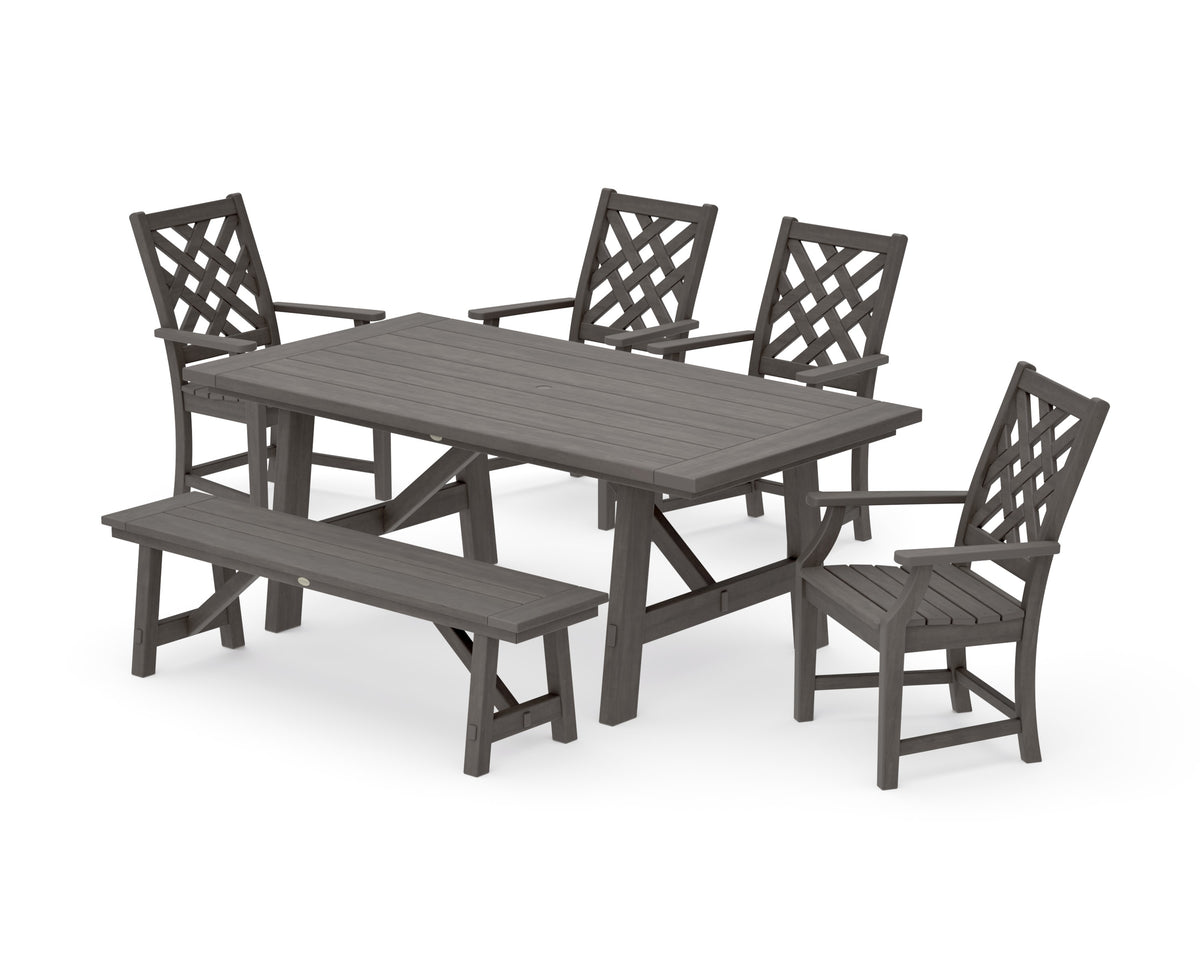 POLYWOOD Wovendale 6-Piece Rustic Farmhouse Dining Set with Bench in Driftwood