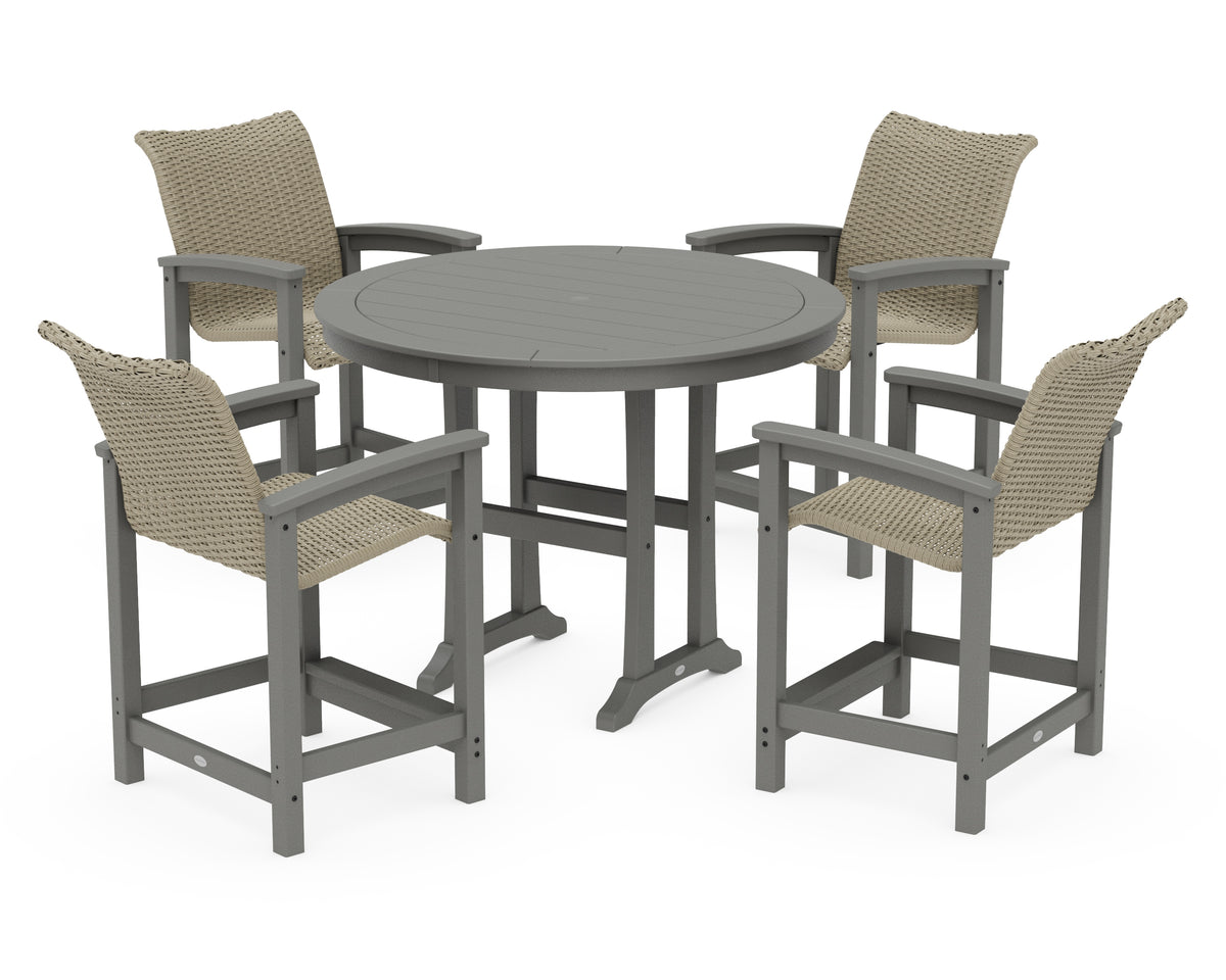 POLYWOOD Coastal Woven 5-Piece Round Counter Set in Slate Grey / Dune Grass