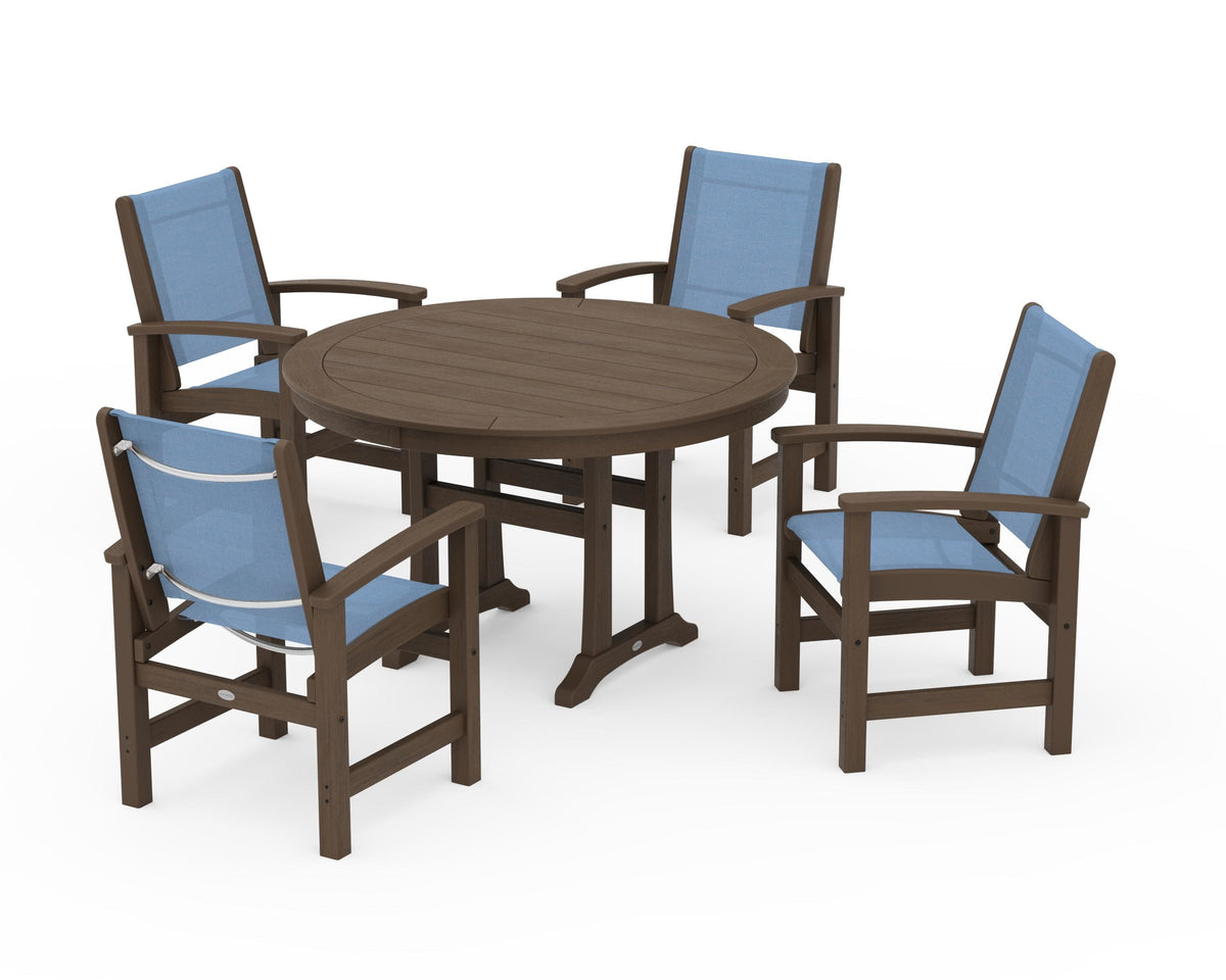 POLYWOOD Coastal 5-Piece Round Dining Set with Trestle Legs in Kona / Poolside