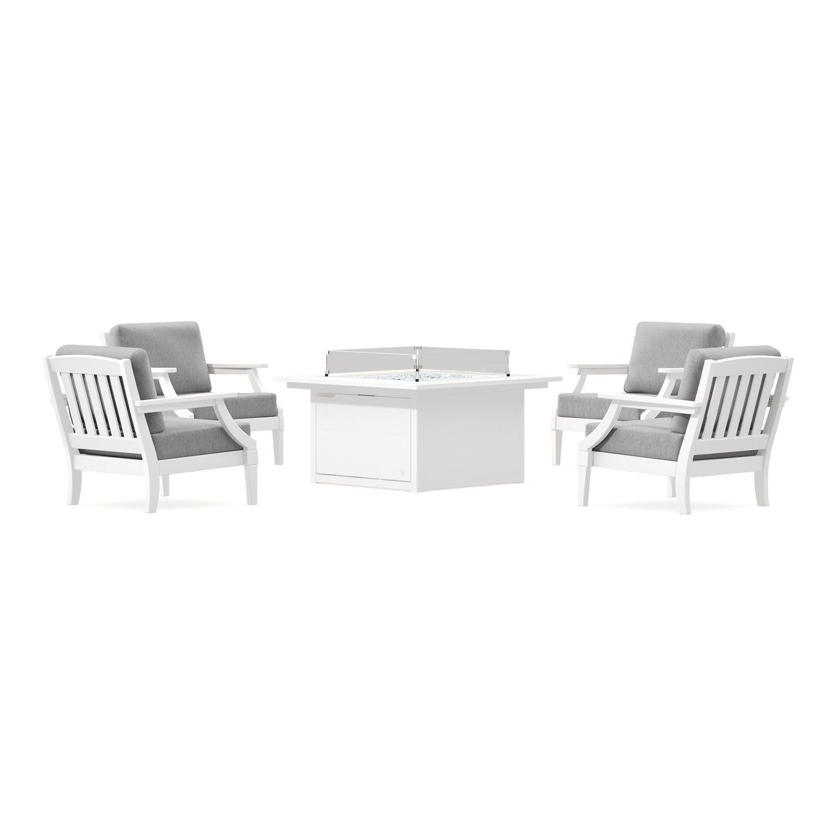 POLYWOOD PW Designer Series Estate 5-Piece Lounge Fire Table Set in Vintage White / Grey Mist