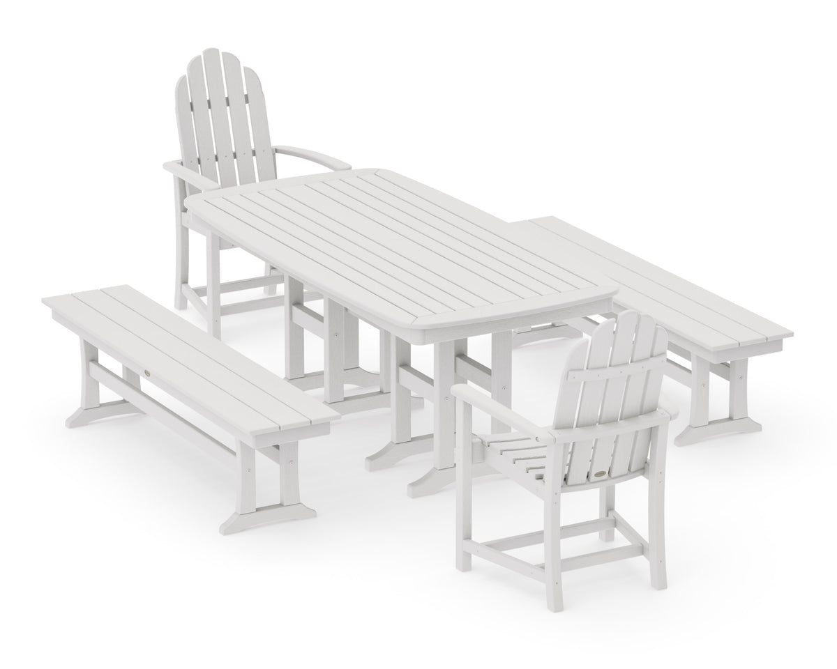 POLYWOOD Classic Adirondack 5-Piece Dining Set with Benches - 37" x 72" Table in Vintage White