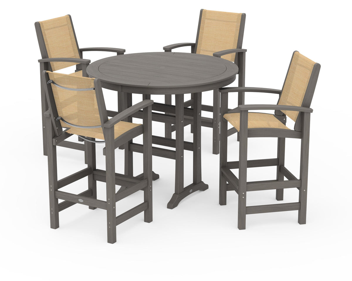POLYWOOD Coastal 5-Piece Nautical Trestle Bar Set in Driftwood / Dupioni Apricot