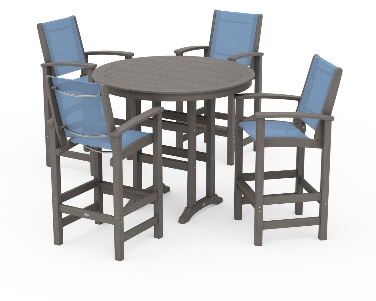 POLYWOOD Coastal 5-Piece Nautical Trestle Bar Set in Driftwood / Poolside