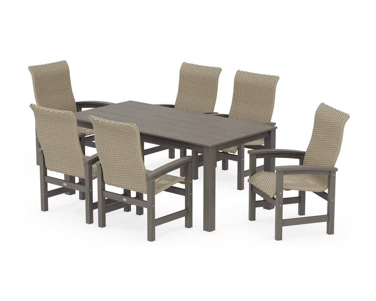 POLYWOOD Coastal Woven High-Back Arm Chair 7-Piece Parsons Dining Set in Driftwood / Dune Grass