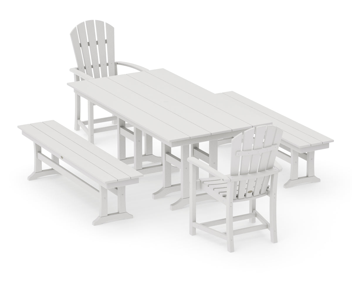 POLYWOOD Palm Coast 5-Piece Farmhouse Dining Set with Benches in Vintage White